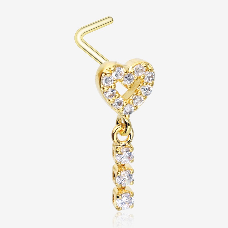 Golden Sparkle Heart Loop Dangle Gem Drop L-Shaped Nose Ring