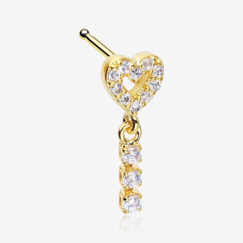 Golden Sparkle Heart Loop Dangle Gem Drop Nose Stud Ring