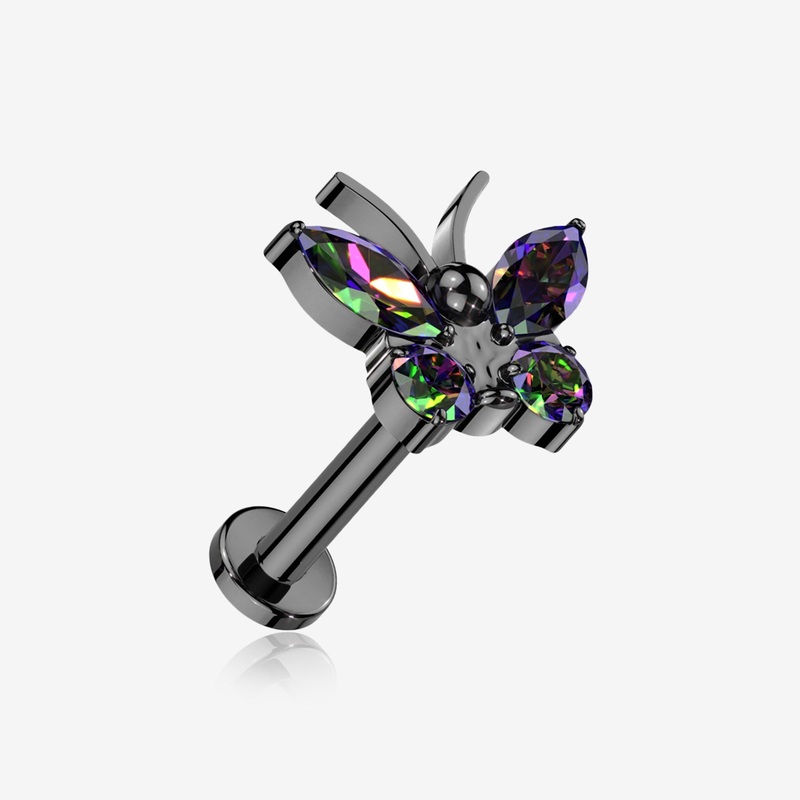 Implant Grade Titanium Blackline Butterfly Sparkle Internally Threaded Flat Back Stud Labret