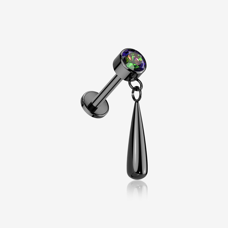 Implant Grade Titanium Blackline Gem Sparkle Teardrop Dangle Internally Threaded Flat Back Stud Labret 16 GA (1.2mm), 1/4″ (6mm)
