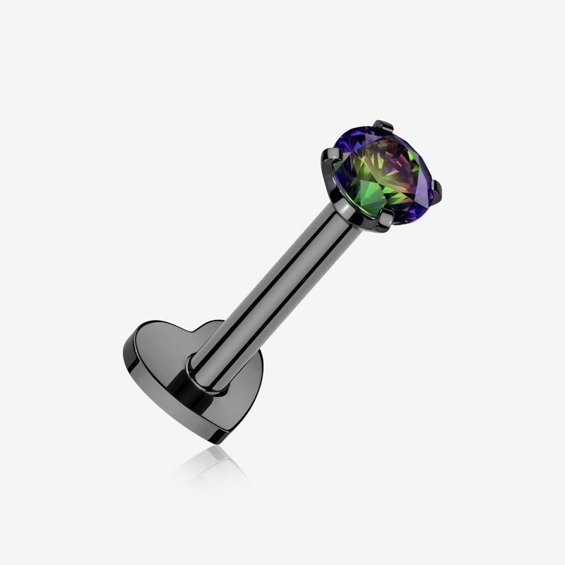Implant Grade Titanium Blackline Prong Gem Sparkle Internally Threaded Heart Back Labret 16 GA (1.2mm), 1/4″ (6mm), Gem: 3mm