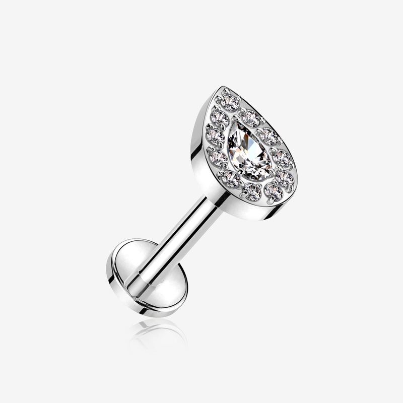 Implant Grade Titanium Brilliant Teardrop Sparkle Internally Threaded Flat Back Stud Labret 16 GA (1.2mm), 1/4″ (6mm)