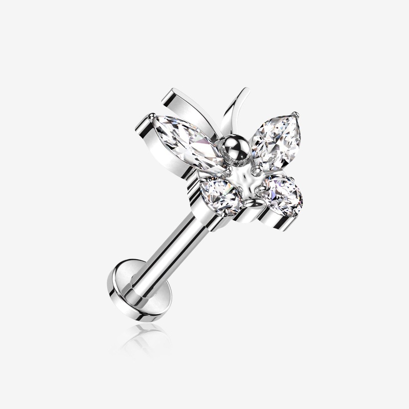 Implant Grade Titanium Butterfly Sparkle Internally Threaded Flat Back Stud Labret
