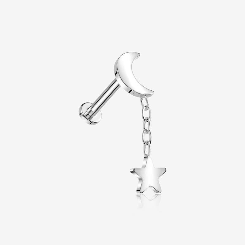 Implant Grade Titanium Crescent Moon with Star Dangle Internally Threaded Flat Back Stud Labret 16 GA (1.2mm), 1/4″ (6mm)
