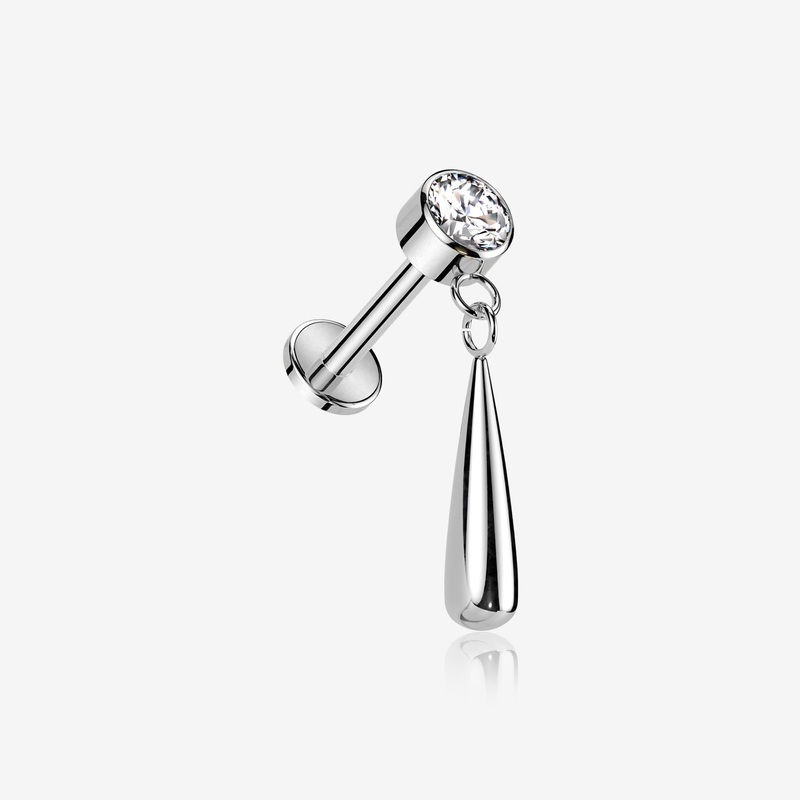 Implant Grade Titanium Gem Sparkle Teardrop Dangle Internally Threaded Flat Back Stud Labret 16 GA (1.2mm), 1/4″ (6mm)