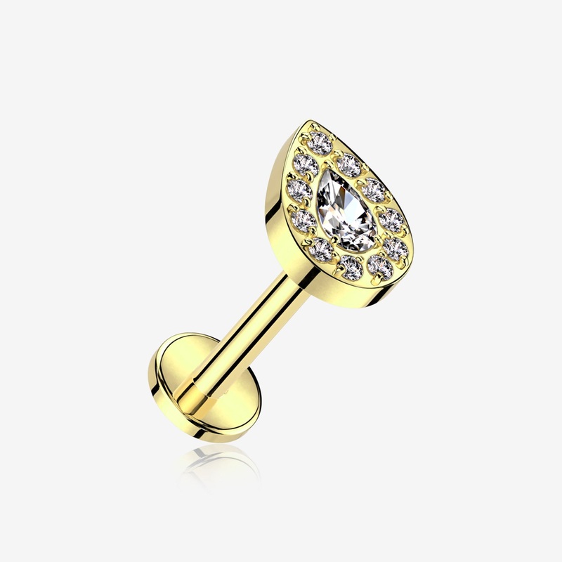 Implant Grade Titanium Golden Brilliant Teardrop Sparkle Internally Threaded Flat Back Stud Labret 16 GA (1.2mm), 1/4″ (6mm)