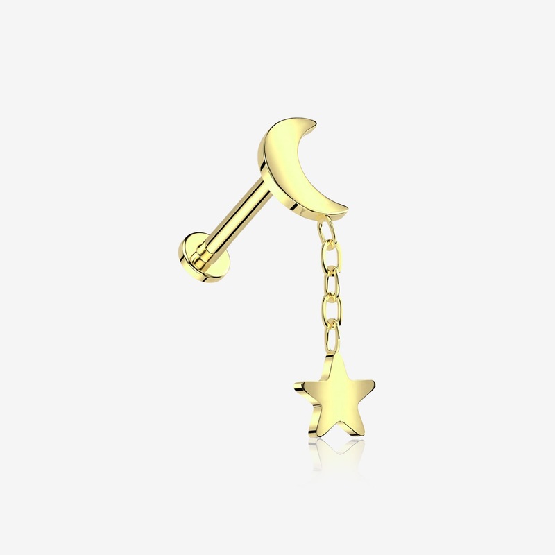 Implant Grade Titanium Golden Crescent Moon with Star Dangle Internally Threaded Flat Back Stud Labret 16 GA (1.2mm), 1/4″ (6mm)
