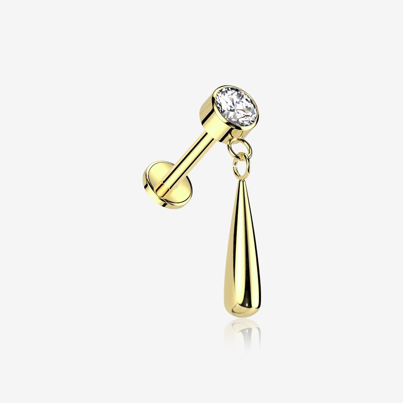 Implant Grade Titanium Golden Gem Sparkle Teardrop Dangle Internally Threaded Flat Back Stud Labret 16 GA (1.2mm), 1/4″ (6mm)