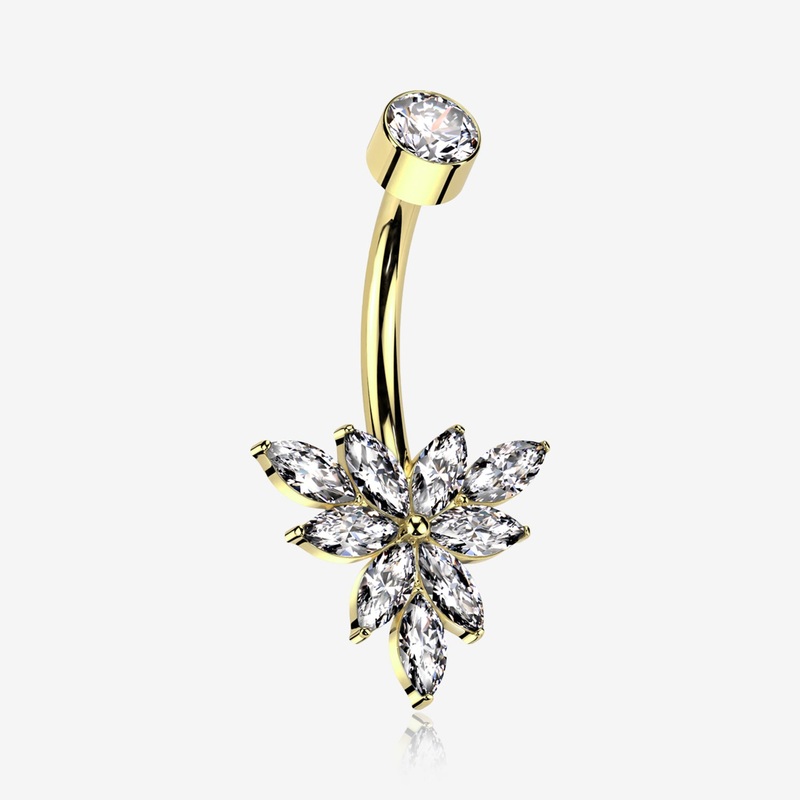 Implant Grade Titanium Golden Marquise Bloom Sparkle Flower Internally Threaded Belly Ring