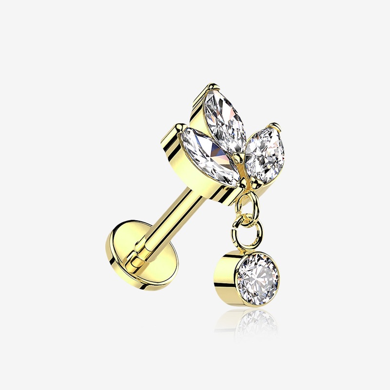 Implant Grade Titanium Golden Marquise Flower Sparkle Dangle Internally Threaded Flat Back Stud Labret 16 GA (1.2mm), 1/4″ (6mm)