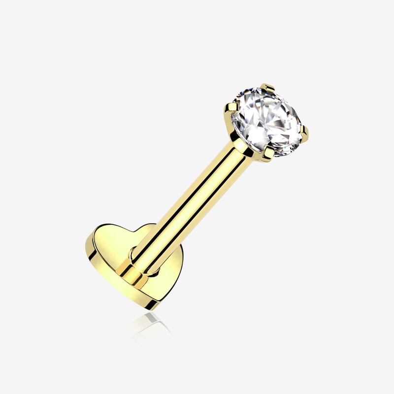 Implant Grade Titanium Golden Prong Gem Sparkle Internally Threaded Heart Back Labret 16 GA (1.2mm), 1/4″ (6mm), Gem: 3mm