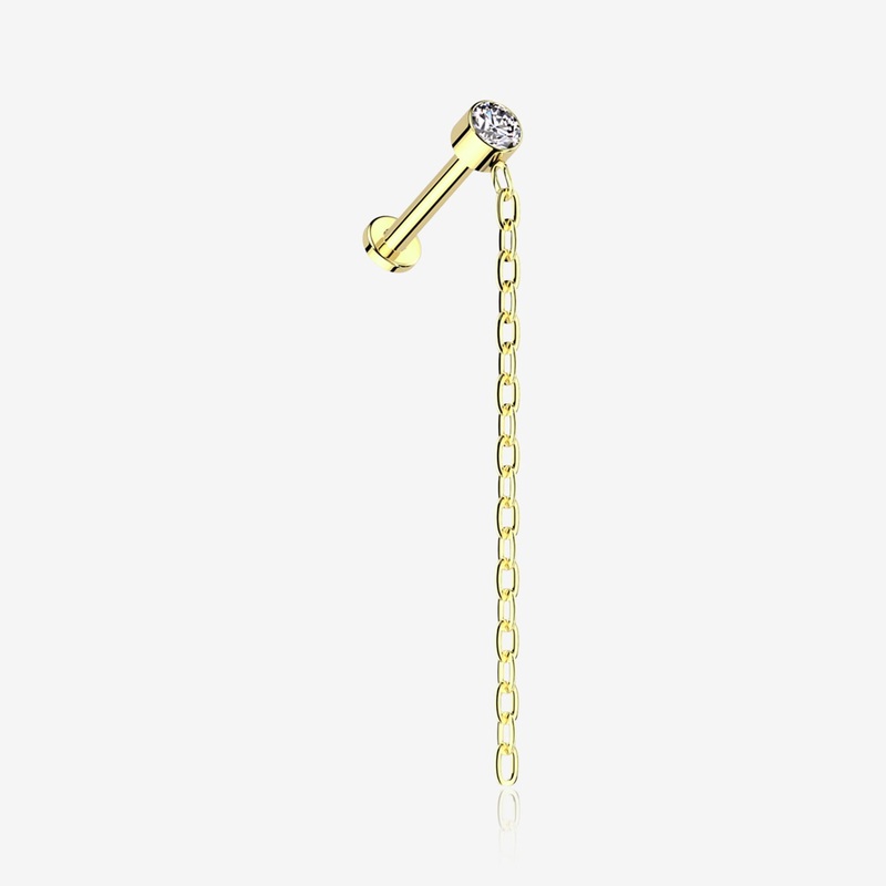 Implant Grade Titanium Golden Sparkle Gem Long Chain Dangle Internally Threaded Labret 16 GA (1.2mm), 1/4″ (6mm)