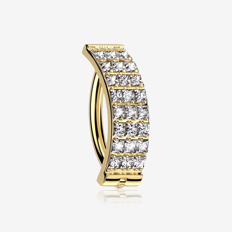Implant Grade Titanium Golden Square Triple Gem Lined Curved Bar Belly Clicker