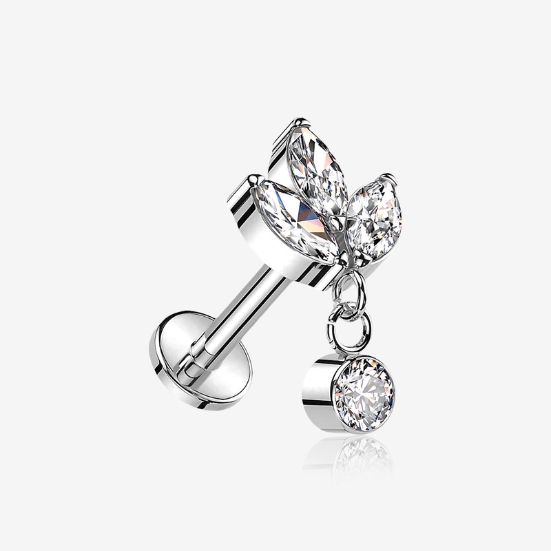 Implant Grade Titanium Marquise Flower Sparkle Dangle Internally Threaded Flat Back Stud Labret 16 GA (1.2mm), 1/4″ (6mm)