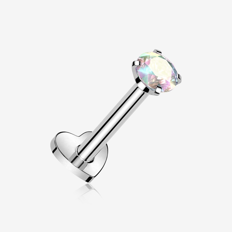 Implant Grade Titanium Prong Gem Sparkle Internally Threaded Heart Back Labret 16 GA (1.2mm), 1/4″ (6mm), Gem: 3mm