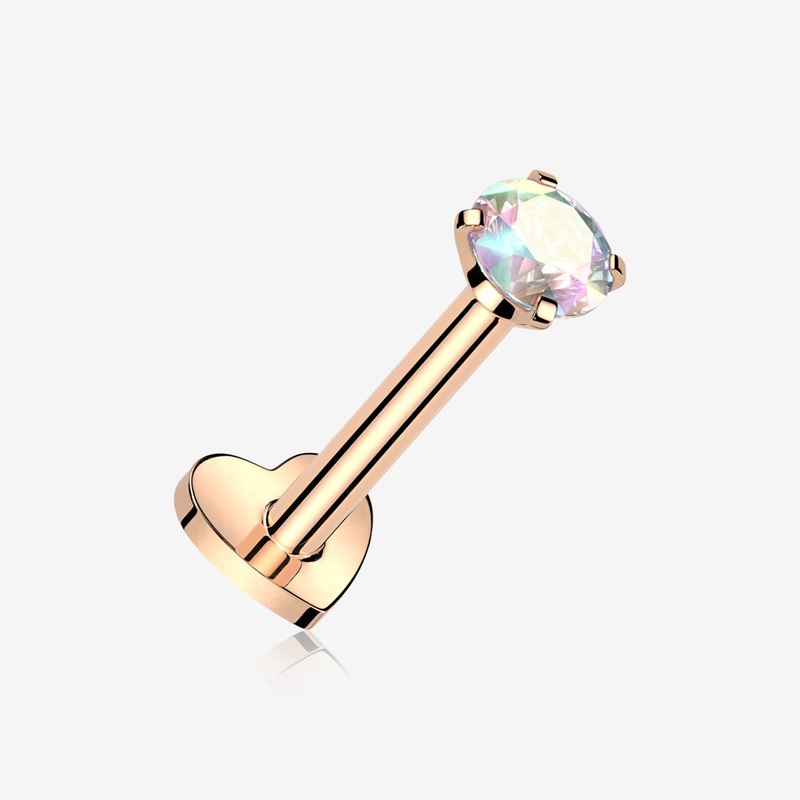 Implant Grade Titanium Rose Gold Prong Gem Sparkle Internally Threaded Heart Back Labret 16 GA (1.2mm), 1/4″ (6mm), Gem: 3mm