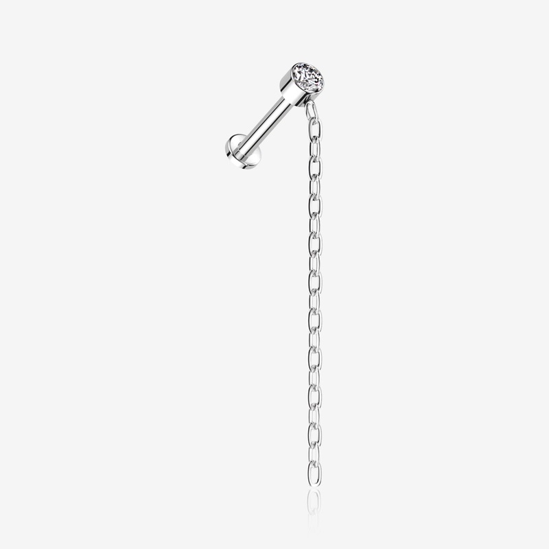 Implant Grade Titanium Sparkle Gem Long Chain Dangle Internally Threaded Labret 16 GA (1.2mm), 1/4″ (6mm)