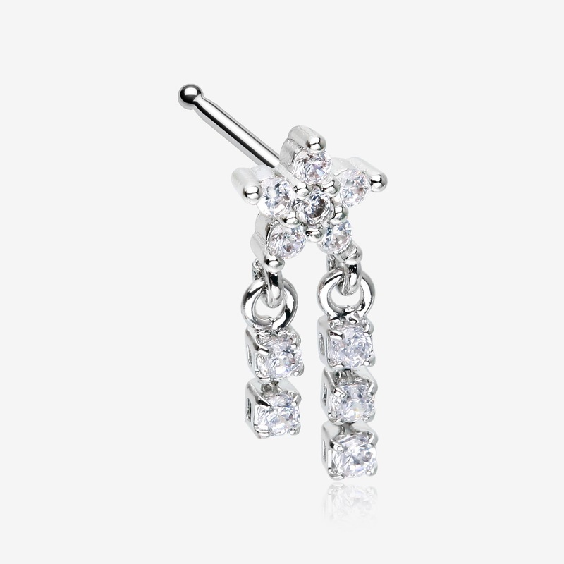 Sparkle Flower Dangle Gem Drop Nose Stud Ring