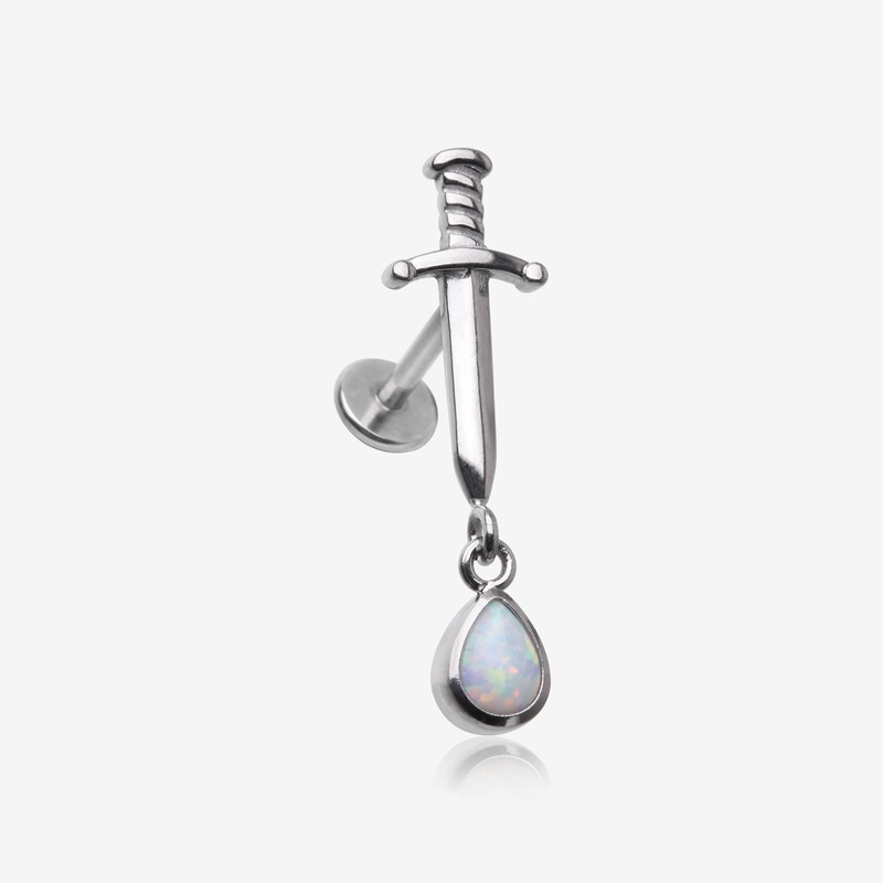 Teardrop Fire Opal Dangle Dagger Sword Internally Threaded Steel Flat Back Stud Labret