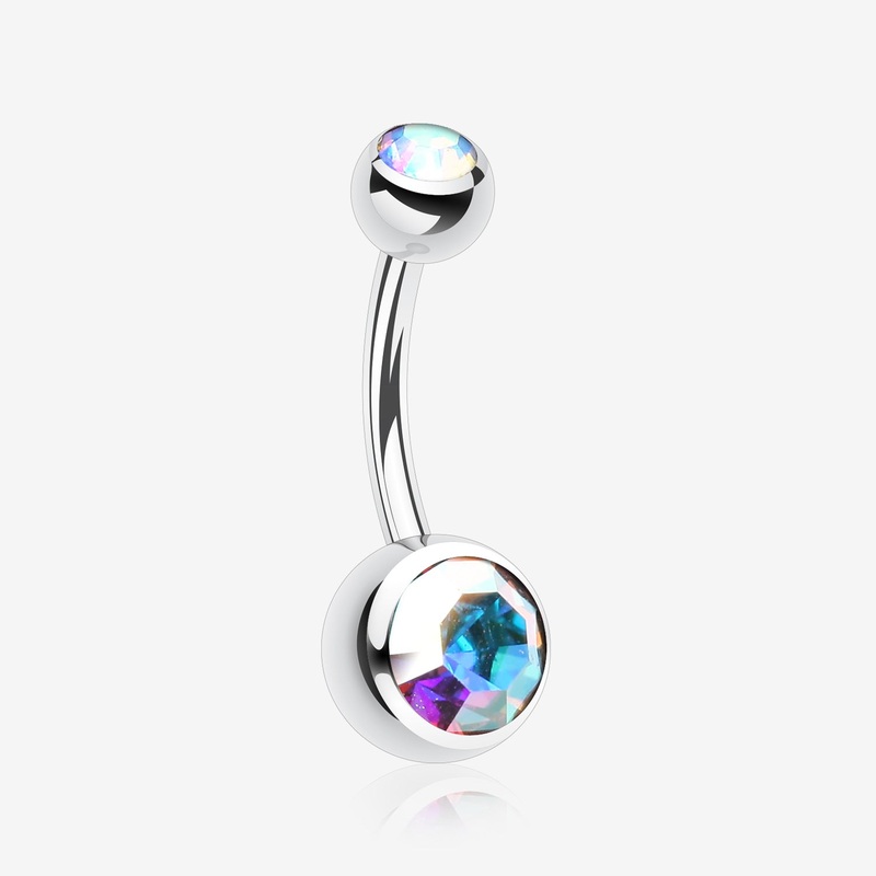 Double Gem Ball Steel Belly Button Ring 14 GA (1.6mm), 3/8″ (10mm), Ball: 4x6mm