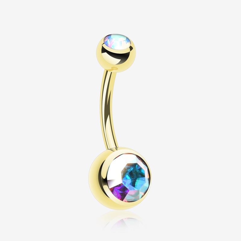 Gold PVD Double Gem Ball Steel Belly Button Ring