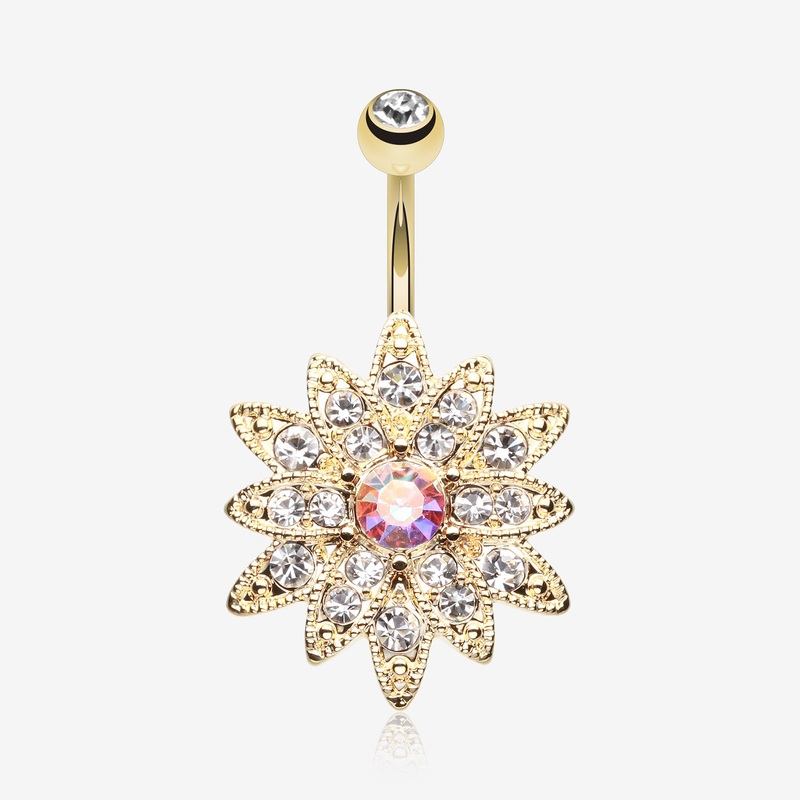 Golden Chrysanthemum Flower Belly Button Ring