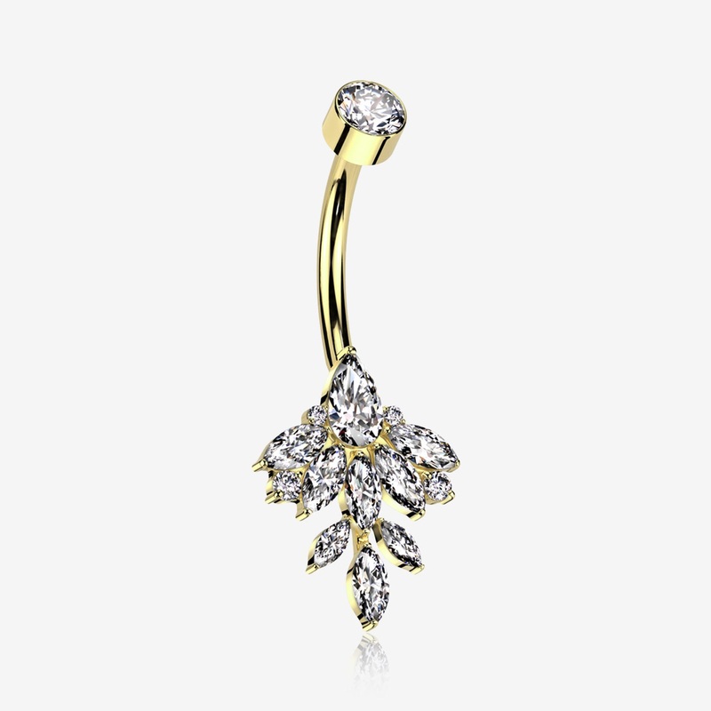 Implant Grade Titanium Golden Marquise Leaflet Sparkle Internally Threaded Belly Ring