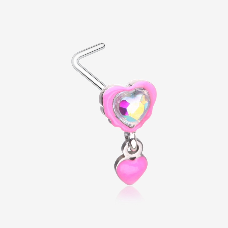 Pink Power Iridescent Puffy Heart Dangle L-Shaped Nose Ring