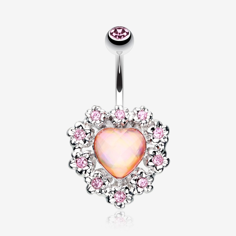 Sparkle Heart Flower Belly Button Ring