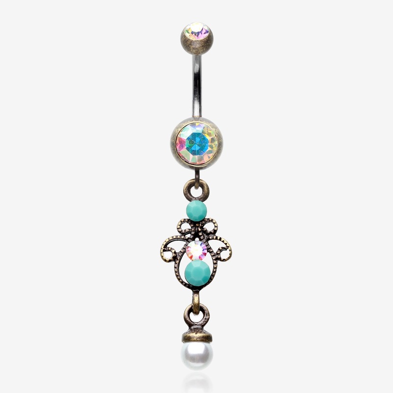 Vintage Boho Elegant Jeweled Pearl Belly Button Ring