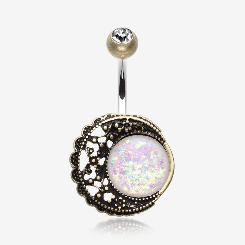 Vintage Boho Filigree Moon Opal Belly Button Ring