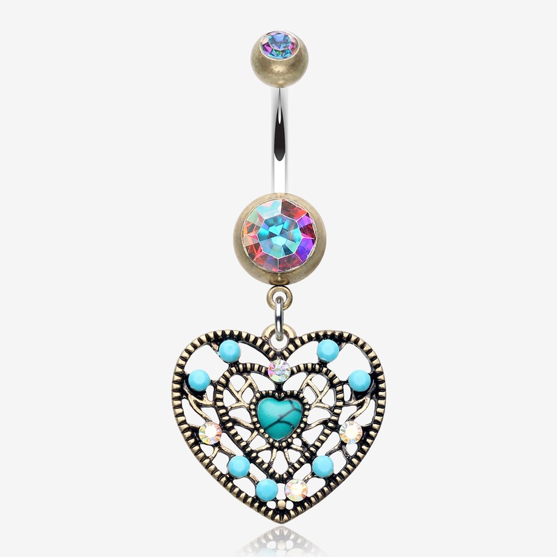 Vintage Boho Filigree Turquoise Heart Belly Button Ring