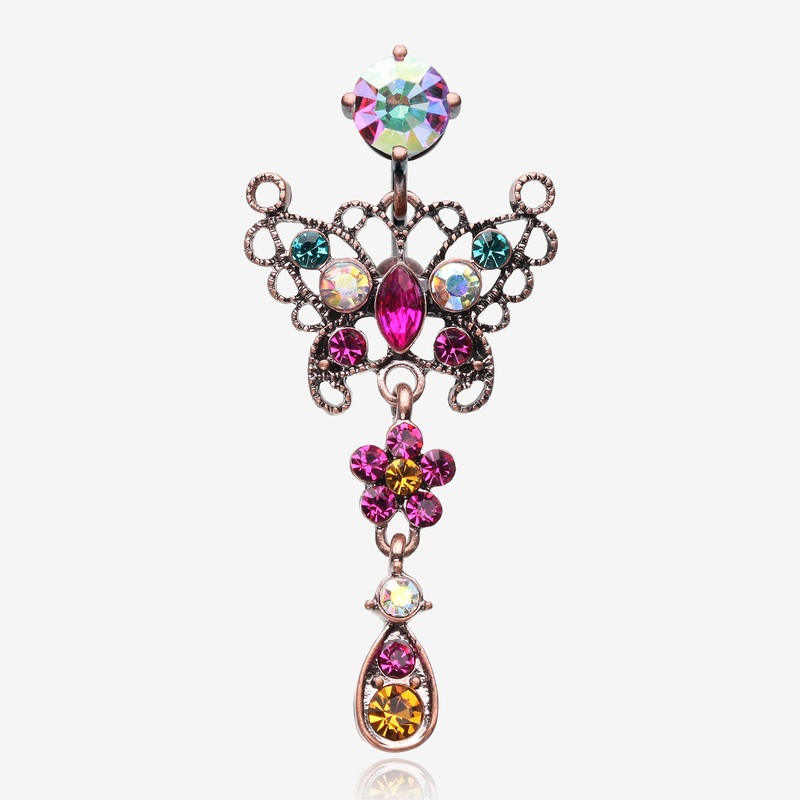 Vintage Boho Glistening Butterfly Flower Reverse Belly Button Ring