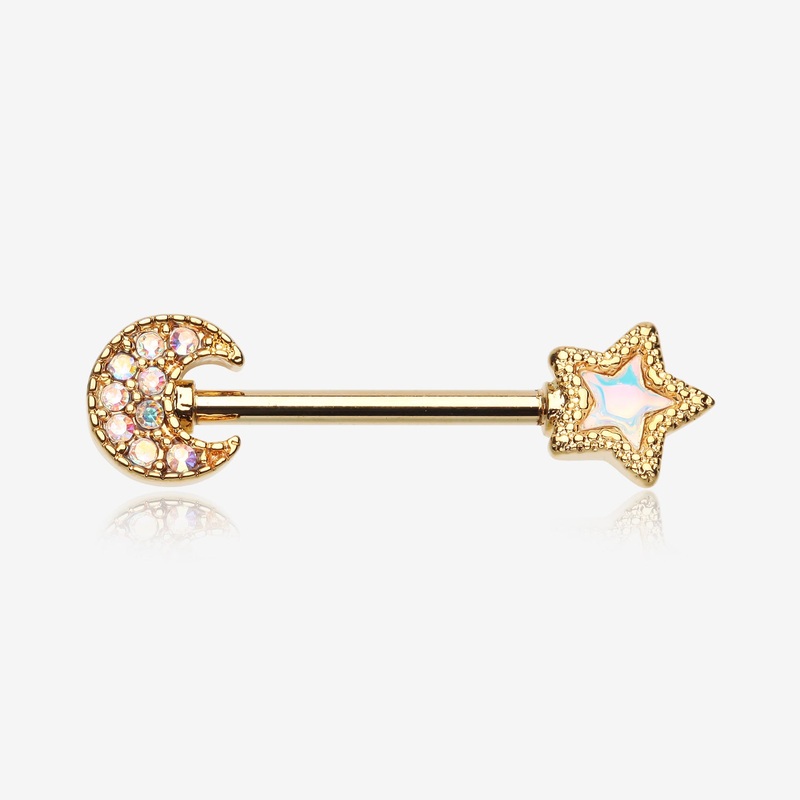 A Pair of Golden Iridescent Aurora Sparkle Moon & Star Nipple Barbell 14 GA (1.6mm), 1/2″ (12mm)