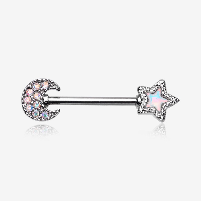 A Pair of Iridescent Aurora Sparkle Moon & Star Nipple Barbell 14 GA (1.6mm), 1/2″ (12mm)