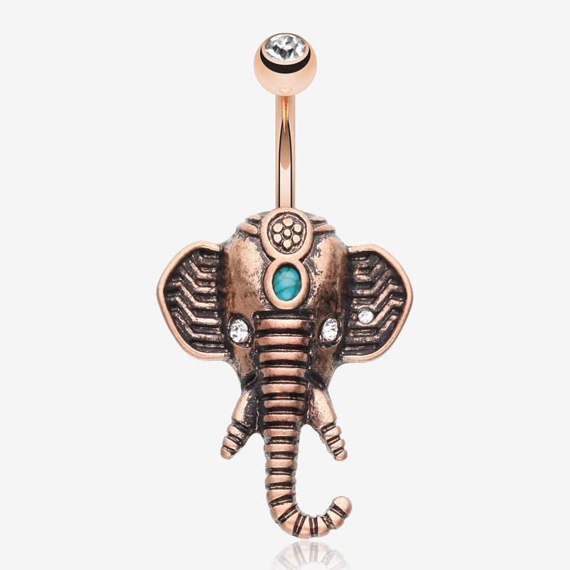 Antique Rose Gold Ganesha Elephant Turquoise Belly Button Ring