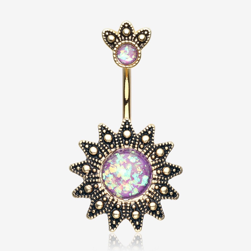 Golden Antique Tribal Sun God Opal Sparkle Belly Button Ring
