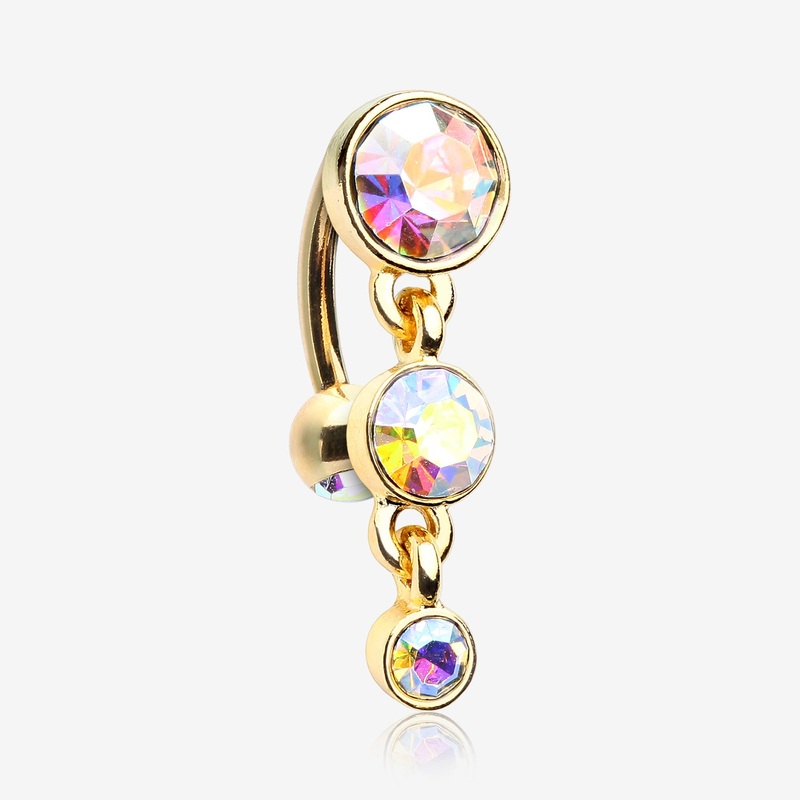Golden Brilliant Sparkle Triple Gem Reverse Belly Button Ring