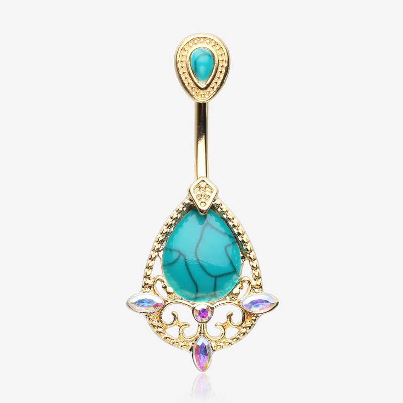 Golden Elegant Turquoise Lace Sparkle Belly Button Ring