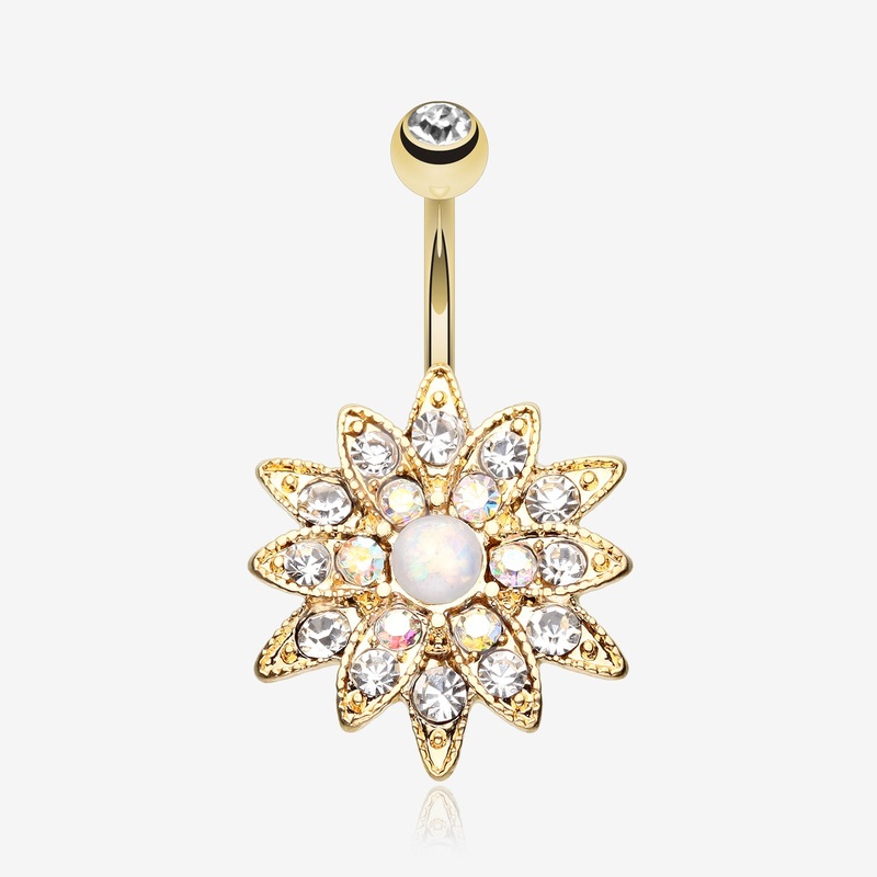 Golden Opal Chrysanthemum Flower Belly Button Ring