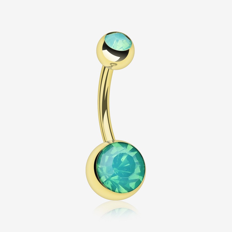 Golden Opalite Double Gem Ball Steel Belly Button Ring