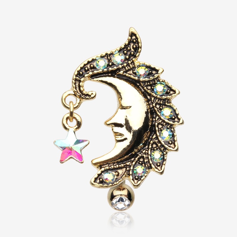 Golden Sparkle Star Crescent Moon Reverse Belly Button Ring