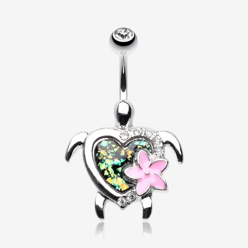 Hawaiian Flower Turtle Opal Sparkle Belly Button Ring