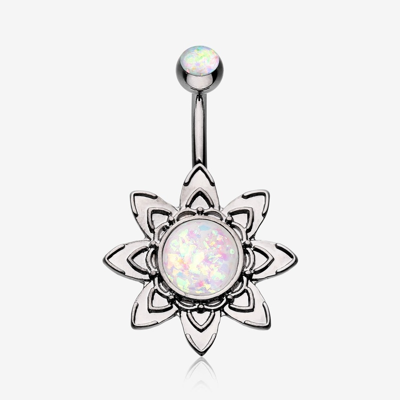Hematite Starburst Opal Sparkle Flower Belly Button Ring
