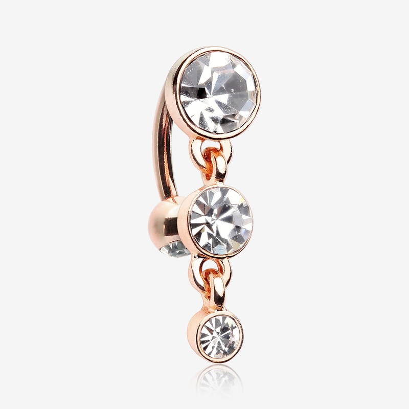 Rose Gold Brilliant Sparkle Triple Gem Reverse Belly Button Ring