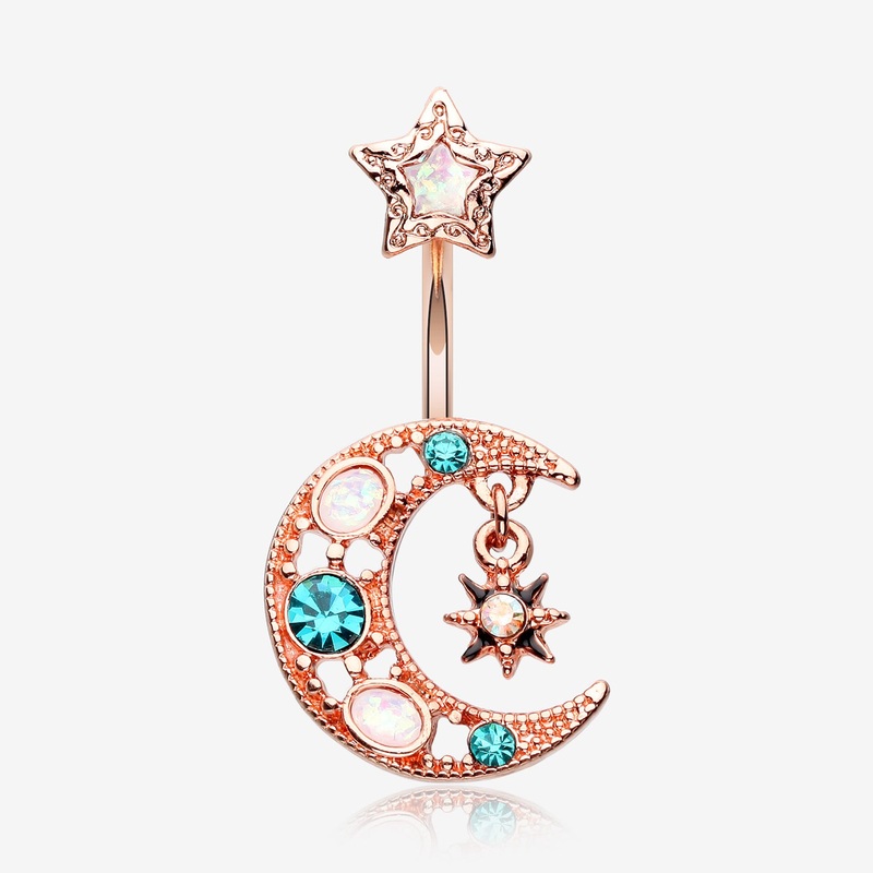 Rose Gold Celestial Opal Moon Star Belly Button Ring