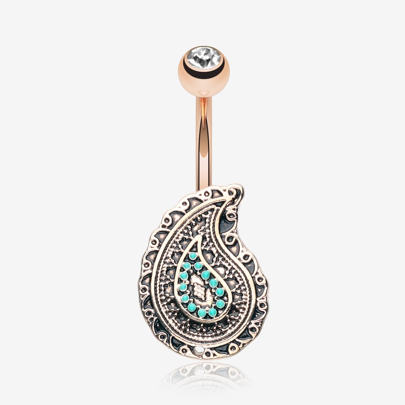 Rose Gold Vintage Boho Paisley Turquoise Belly Button Ring