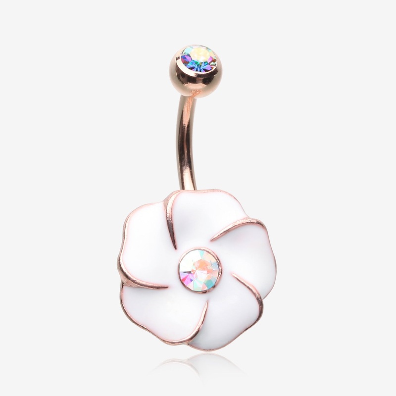 Rose Gold White Hibiscus Flower Sparkle Belly Button Ring