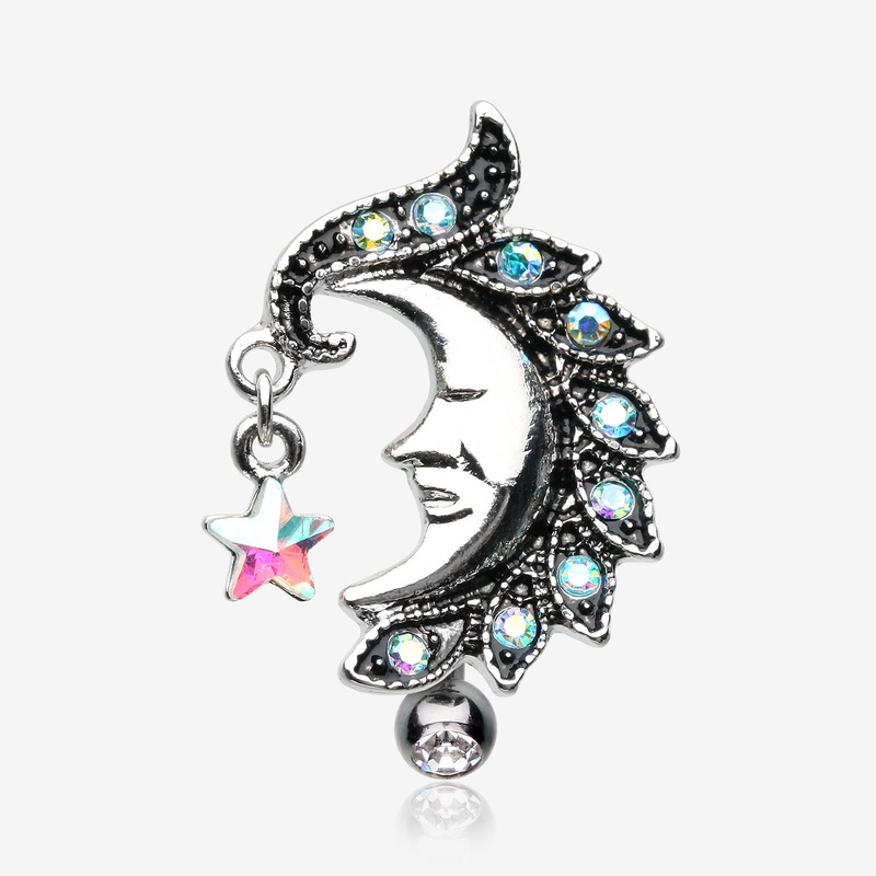 Sparkle Star Crescent Moon Reverse Belly Button Ring