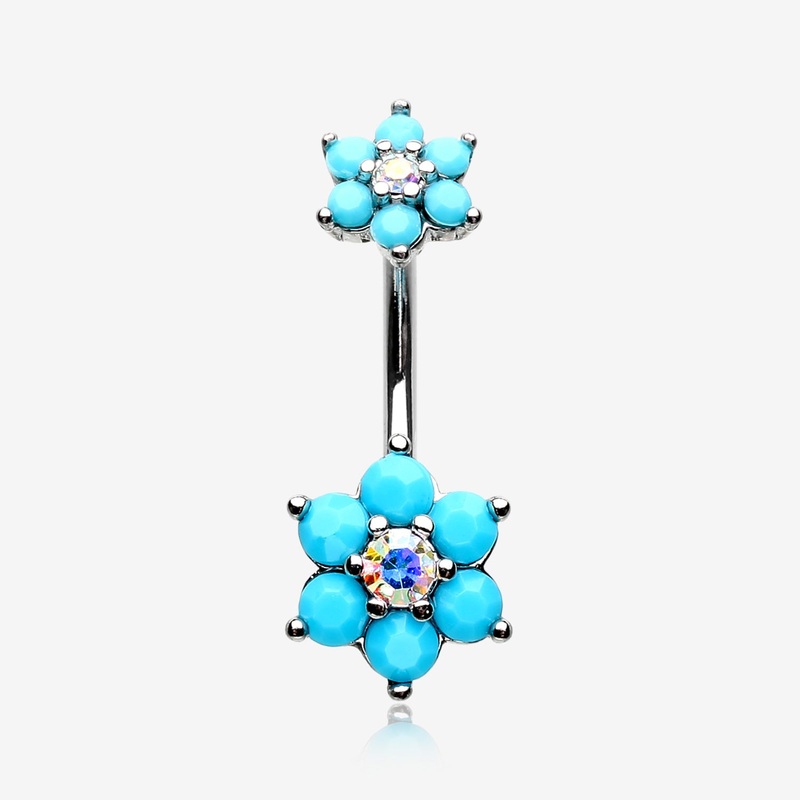 Turquoise Flower Sparkle Prong Set Belly Button Ring